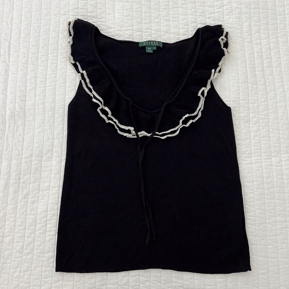 RALPH LAUREN black top with ruffle | size large